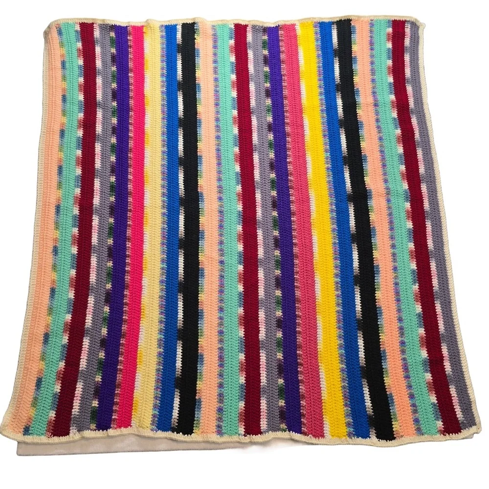 Handmade Crochet Afghan Blanket Boho‎ Colorful Stripe 48x50